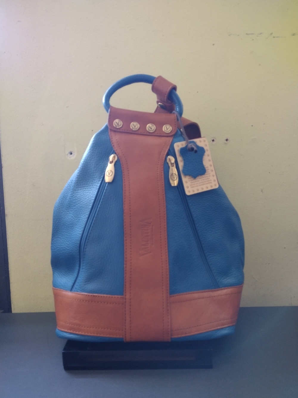Valentina HANDMADE IN ITALY: Blue and Tan Leather Backpack /Shoulder Bag